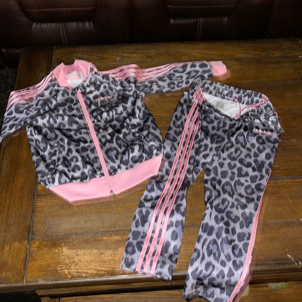 pink and black print adidas jumpsuit. Size 4t